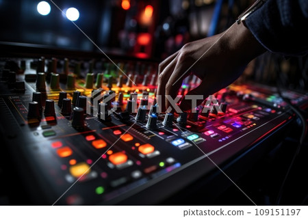 Close up hand on sound mixer disco light flare. Generative AI 109151197