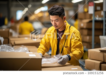 Asian male working in a package station. Generative AI Asian male working in a package station. Generative AI 109151256