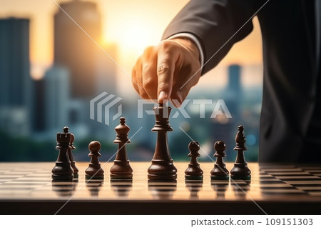 Pieces on a chessboard, hand holding chess board. Generative AI 109151303