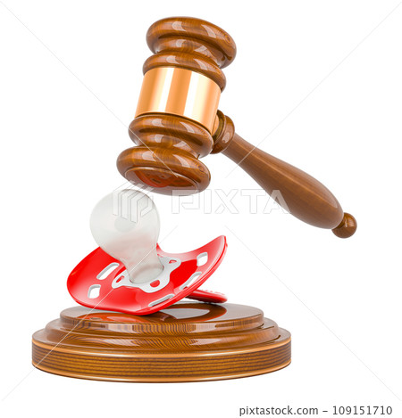 Wooden gavel with baby pacifier. Adoption, divorce of parents or custody child, concept. 3D rendering 109151710