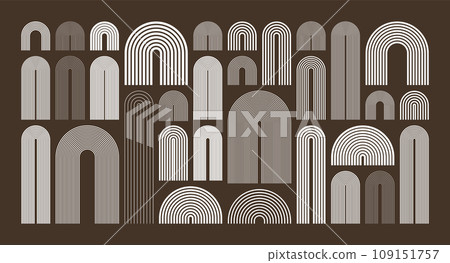 Mid century arch elements, modern geometric shapes. Contemporary design, minimalist art. Trendy design elements for wall decor, posters, books, covers and flyers. Vector illustration Mid century arch elements, modern geometric shapes. Contemporary design, minimalist art. Trendy design elements for wall decor, posters, books, covers and flyers. Vector illustration 109151757