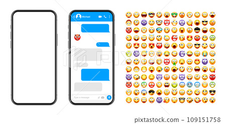 Smartphone messaging app, user interface design with emoji. SMS text frame. Chat screen with blue message bubbles. Texting app for communication. Social media application. Vector illustration Smartphone messaging app, user interface design with emoji. SMS text frame. Chat screen with blue message bubbles. Texting app for communication. Social media application. Vector illustration 109151758