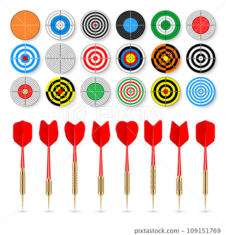 Paper targets with dart arrows and shadows. Shooting range round target, divisions, marks and numbers. Gun shooting practise and training, sport competition. Bullseye and aim. Vector illustration 109151769