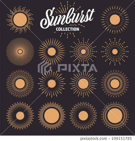 Vintage sunburst, sunset beams collection. Hand drawn bursting sun, light rays. Logotype or lettering design element in retro style. Vector illustration 109151785