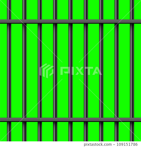 Black metal prison bars on green chroma key background. Detailed jail cage, prison iron fence. Criminal background mockup. Vector illustration 109151786