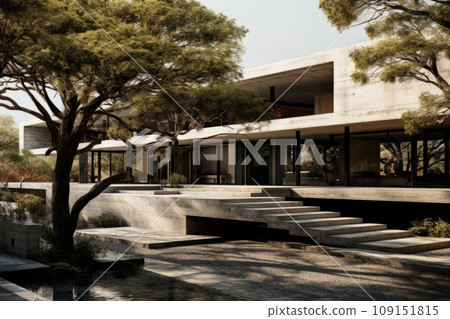 Whimsical coniferous trees with green needles outside an ultra-modern minimalist concrete and glass building. Colorful live objects, blue sky and grey monochrome inanimate background combination. Whimsical coniferous trees with green needles outside an ultra-modern minimalist concrete and glass building. Colorful live objects, blue sky and grey monochrome inanimate background combination. 109151815