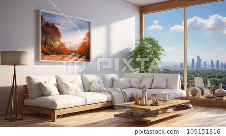 Interior of stylish spacious living room in luxury apartment. Comfortable sofa with cushions, wooden coffee table, large poster on the wall, panoramic windows overlooking scenic landscape. Interior of stylish spacious living room in luxury apartment. Comfortable sofa with cushions, wooden coffee table, large poster on the wall, panoramic windows overlooking scenic landscape. 109151816