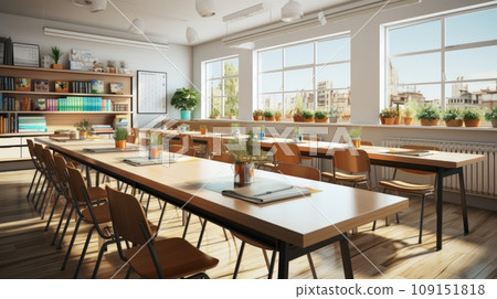 Interior of clean bright classroom in modern school or college. Spacious room with white walls, large comfortable desks, chairs, bookshelves, indoor plants, large windows. Interior of clean bright classroom in modern school or college. Spacious room with white walls, large comfortable desks, chairs, bookshelves, indoor plants, large windows. 109151818
