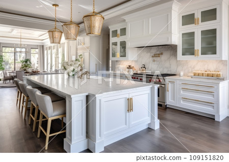 Interior of modern luxurious kitchen classic style. White cabinets with gilded handles, kitchen island with white marble countertop, built-in home appliances, vintage pendant lights. Home design. Interior of modern luxurious kitchen classic style. White cabinets with gilded handles, kitchen island with white marble countertop, built-in home appliances, vintage pendant lights. Home design. 109151820