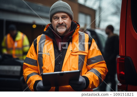 Portrait of an adult Caucasian worker with checklist outside warehouse against the background of delivery cars and vans. Confident smiling male employee prepares parcels for dispatch and delivery. 109151821
