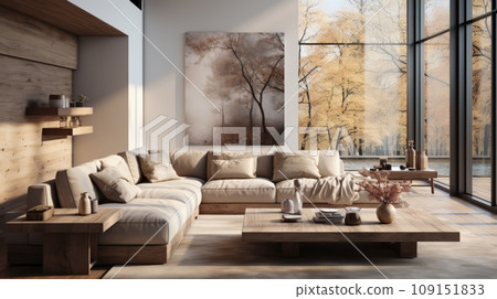 Interior of stylish spacious living room in luxury cottage. Comfortable corner sofa with cushions, rustic wooden coffee table, large poster on the wall, panoramic windows overlooking scenic landscape. Interior of stylish spacious living room in luxury cottage. Comfortable corner sofa with cushions, rustic wooden coffee table, large poster on the wall, panoramic windows overlooking scenic landscape. 109151833