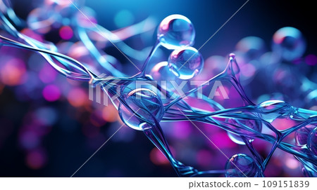 Macro shot of DNA molecule. Scientific image of cell structure. Colorful detailed view of living matter. Ordered atomic composition of molecule. Biology, physics or chemistry abstract background. 109151839
