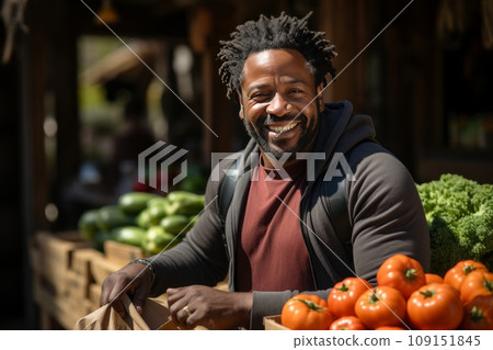 Mature male vendor standing behind a counter with selection of fresh vegetables. Smiling positive African American man in apron selling fresh organic produce. Healthy organic food concept. Mature male vendor standing behind a counter with selection of fresh vegetables. Smiling positive African American man in apron selling fresh organic produce. Healthy organic food concept. 109151845