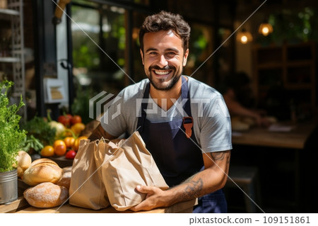 Cheerful Caucasian male bakery owner or employee holding freshly baked wheat bread loaves packed in craft paper bags. High-quality and fresh products from small businesses in the food industry. 109151861
