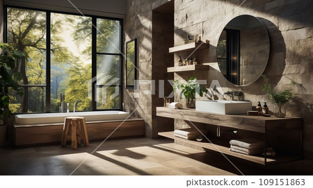 Interior of modern bathroom in luxury eco-style chalet. Stone-textured walls, freestanding bathtub, wood trim, indoor plants, large panoramic window with scenic forest view. Contemporary design. Interior of modern bathroom in luxury eco-style chalet. Stone-textured walls, freestanding bathtub, wood trim, indoor plants, large panoramic window with scenic forest view. Contemporary design. 109151863