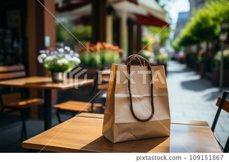 Loaf of freshly baked wheat bread and a craft paper bag lie on the table of a street cafe, bakery and confectionery. High-quality and fresh products from small business in the food industry. Loaf of freshly baked wheat bread and a craft paper bag lie on the table of a street cafe, bakery and confectionery. High-quality and fresh products from small business in the food industry. 109151867