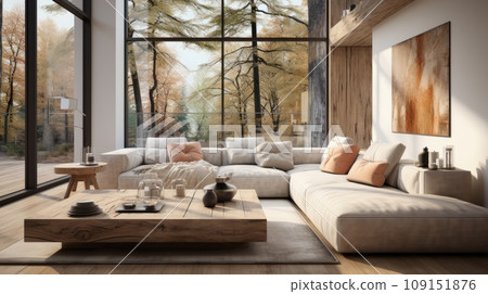 Interior of stylish spacious living room in luxury cottage. Comfortable corner sofa with cushions, rustic wooden coffee table, large poster on the wall, panoramic windows overlooking scenic landscape. 109151876