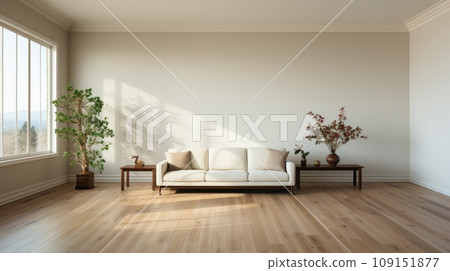 Interior of modern minimalist living room. White empty walls, hardwood floor, white sofa with cushions, wooden coffee table, indoor plants in pots, large panoramic window. Mock up. Interior of modern minimalist living room. White empty walls, hardwood floor, white sofa with cushions, wooden coffee table, indoor plants in pots, large panoramic window. Mock up. 109151877