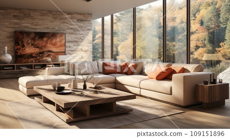 Interior of stylish spacious living room in luxury cottage. Comfortable corner sofa with cushions, rustic wooden coffee table, large poster on the wall, panoramic windows overlooking scenic landscape. 109151896