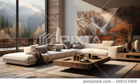 Interior of stylish spacious living room in luxury cottage. Comfortable corner sofa with cushions, rustic wooden coffee table, large poster on the wall, panoramic windows overlooking scenic landscape. 109151900