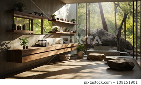 Interior of modern bathroom in luxury eco-style chalet. Stone-textured walls, freestanding bathtub, wood trim, indoor plants, large panoramic window with scenic forest view. Contemporary design. Interior of modern bathroom in luxury eco-style chalet. Stone-textured walls, freestanding bathtub, wood trim, indoor plants, large panoramic window with scenic forest view. Contemporary design. 109151901