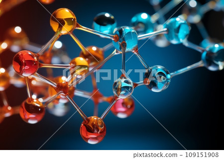 Colorful realistic model of molecule. Scientific image of cell structure. Detailed view of organic matter. Ordered atomic composition of molecule. Biology, physics or chemistry abstract background. 109151908