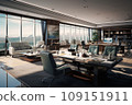 Interior of modern cozy spacious office. Large tables with desktop computers, comfortable chairs, chillout area with upholstered furniture, panoramic windows with city view. Modern interior design. 109151911
