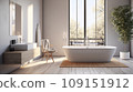 Interior of modern minimalist bathroom in luxury eco-style cottage. White walls, freestanding bathtub, wall-hung cabinet with washbasin, indoor plants, large panoramic window. Contemporary home design 109151912
