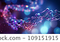 Macro shot of DNA molecule. Scientific image of cell structure. Colorful detailed view of living matter. Ordered atomic composition of molecule. Biology, physics or chemistry abstract background. 109151915