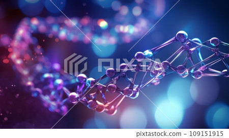 Macro shot of DNA molecule. Scientific image of cell structure. Colorful detailed view of living matter. Ordered atomic composition of molecule. Biology, physics or chemistry abstract background. Macro shot of DNA molecule. Scientific image of cell structure. Colorful detailed view of living matter. Ordered atomic composition of molecule. Biology, physics or chemistry abstract background. 109151915