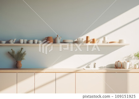 Interior of modern minimalist Scandi style kitchen. White facades, open shelves with utensils and dinnerware, wooden countertop, home appliances, beautiful light from window. Contemporary home design. Interior of modern minimalist Scandi style kitchen. White facades, open shelves with utensils and dinnerware, wooden countertop, home appliances, beautiful light from window. Contemporary home design. 109151925