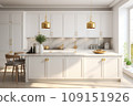 Interior of modern luxurious classic kitchen. White cabinets with gilded handles, kitchen island with white marble countertop, built-in home appliances, vintage pendant lights. Modern home design. 109151926