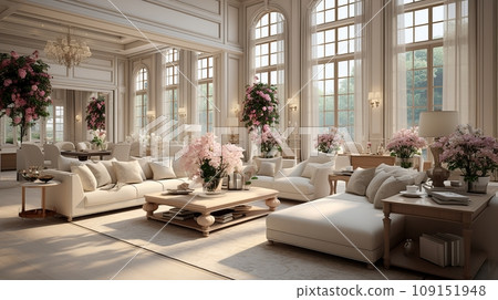 Interior of classical living room in luxurious villa. Comfortable cushioned furniture, coffee table, lots of flower bouquets in vases, gorgeous chandelier, large windows with picturesque view. 109151948