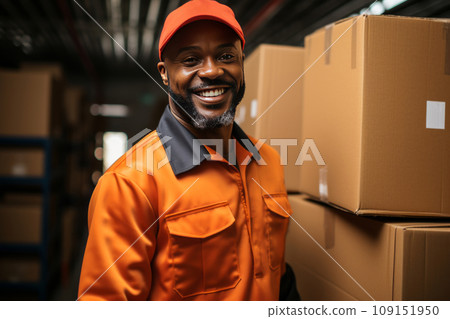 Portrait of an adult African American worker in warehouse against the background of cardboard boxes. Confident smiling male employee prepares parcels for dispatch and delivery. Logistic and delivery. 109151950
