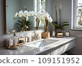 Close-up of classic style bathroom in luxury villa. Wall cabinet with marble countertop and built-in sink, bottles of cosmetics, white orchids in ceramic vase, large window. Contemporary home design. 109151952
