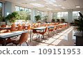 Interior of clean bright classroom in modern school or college. Spacious room with white walls, large comfortable desks, chairs, bookshelves, indoor plants, large windows. 109151953