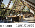 Interior of open space office in modern eco-style building. Concrete floor, huge panoramic windows, wooden desks with computers, chairs, bookshelves, indoor plants. 109151955