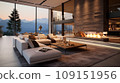 Interior of cozy living room in modern chic eco-style chalet. Comfortable corner sofa, coffee table, bookshelves, gorgeous fireplace. Glass wall with picturesque landscape view. 109151956