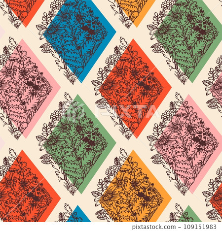 Vector flower and rhombus hand draw seamless pattern. Mosaic vector pattern. Vector flower and rhombus hand draw seamless pattern. Mosaic vector pattern. 109151983