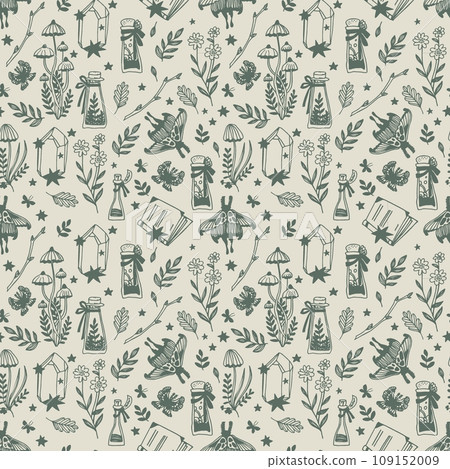 Seamless pattern of stars, crystals, toadstools, potion bottles and moths. Seamless pattern of stars, crystals, toadstools, potion bottles and moths. 109152009