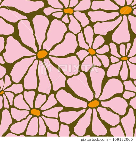 Groovy daisy flowers seamless vector pattern. Floral background in 1970s Hippie retro style. Flower Power. 109152060