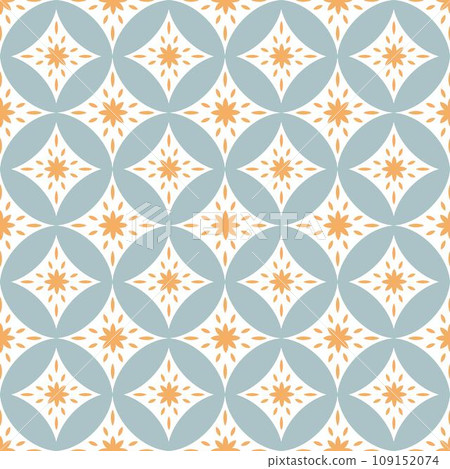 Blue and gold shippo tsunagi geometric vector seamless pattern. Ornamental Japanese overlapping circles vector for wallpaper, textile, paper, gift wrapping. 109152074