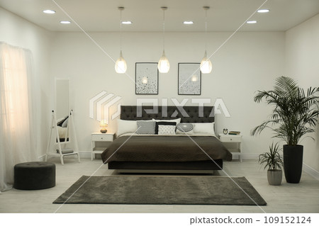 Stylish room interior with large comfortable bed 109152124