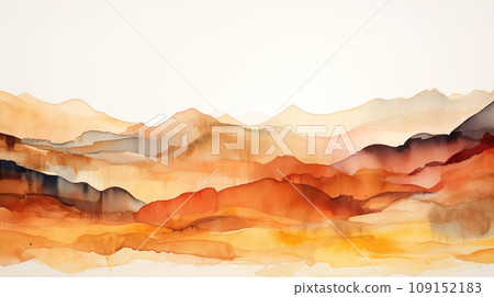 A watercolor painting of a mountain range and sand dunes in vibrant hues of red, orange, and brown. A watercolor painting of a mountain range and sand dunes in vibrant hues of red, orange, and brown. 109152183