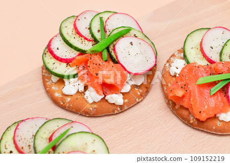 Cracker Sandwiches with Salmon, Cucumber, Radish, Cottage Cheese and Green Onions 109152219