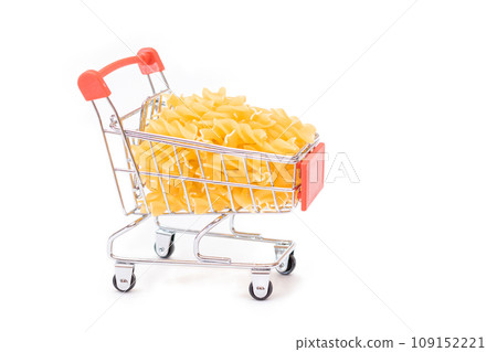 Uncooked Fusilli Pasta in Small Shopping Cart Isolated on White 109152221