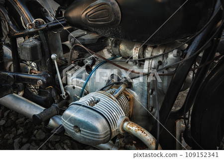 engine of an old motorcycle close-up 109152341