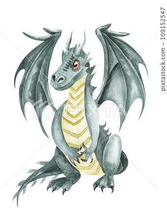 Green illustration of Dragon Watercolor . Hand drawn illustration isolated on white background. Chinese symbol of the year 2024. For calendars, cards, invitations, flyers 109152547
