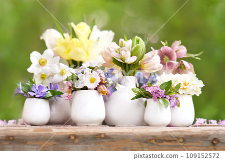 Delicate blooming light springtime flowers in vases, spring blossoming floral festive background, bouquets floral card, selective focus, shallow DOF Delicate blooming light springtime flowers in vases, spring blossoming floral festive background, bouquets floral card, selective focus, shallow DOF 109152572