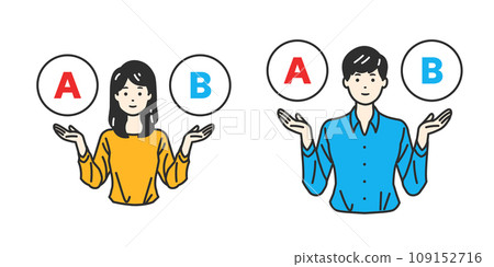 Balance of Choice - Illustration of a person comparing options and expressing doubts Balance of Choice - Illustration of a person comparing options and expressing doubts 109152716